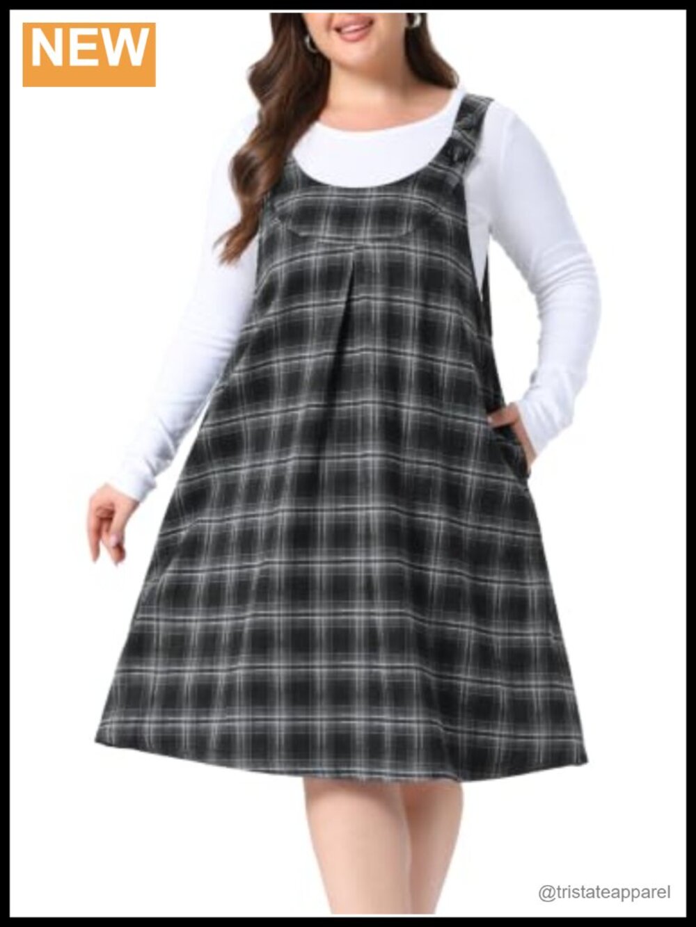 Plus Size Plaid Overall Dress Button Adjustable Strap Midi Pinafore